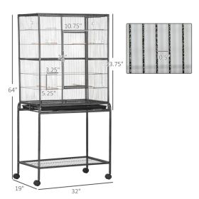 Rolling Metal Bird Cage Feeder With Detachable Rolling Stand, Storage Shelf, Wood Perch & Food Container (Option: Black Gray)