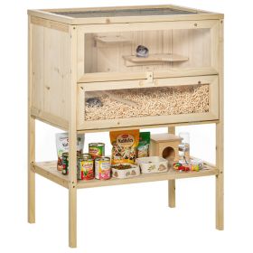 3-Tier Wooden Hamster Cage Mice And Rat Cage Small Animals Hutch With Openable Top, Front Door, Shelf, Natural Wood (Option: Natural Wood-870x465x170 mm)