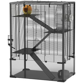 4 Tier Hamster Cage with Deep Tempered Glass Bottom, Running Wheel, Hut, Water Bottle, Food Dish, 24" x 16" x 31.5" (Option: Black-700x500x360 mm)